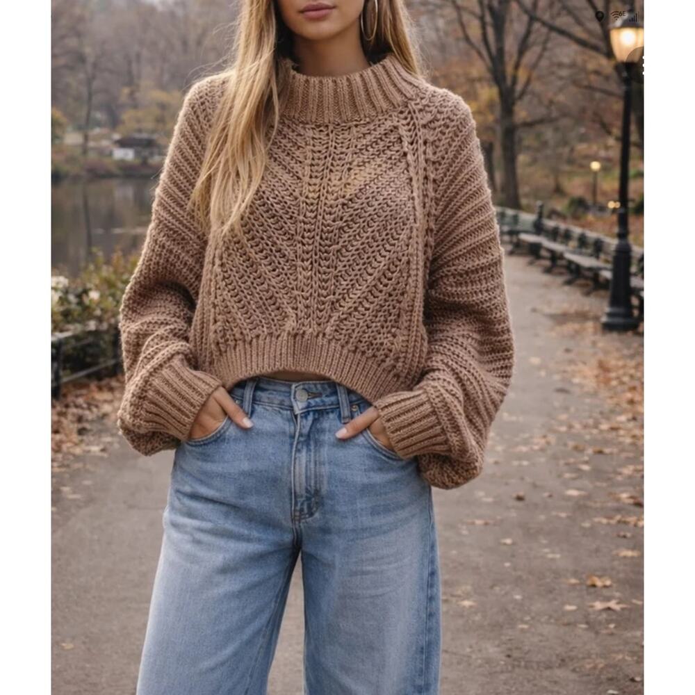Free People Sweatheart Sweater Sand Castle Chunky Cotton‎ Knit Small #943